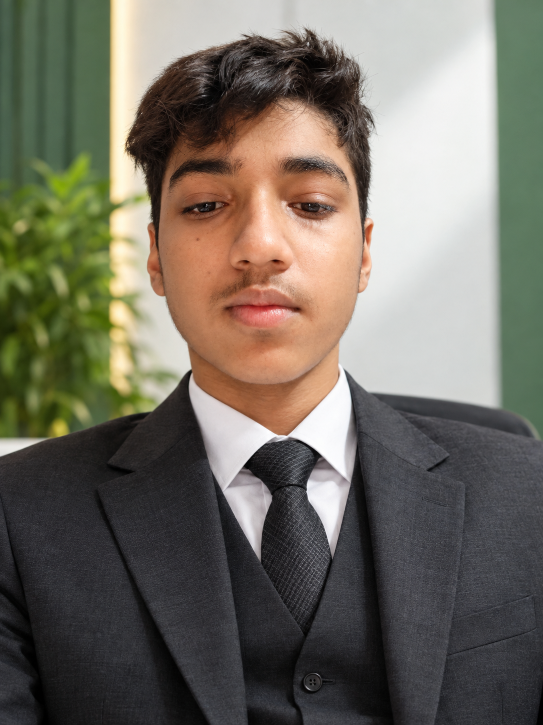 Ali in a professional three-piece suit
